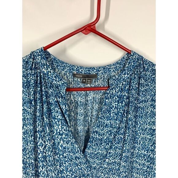 Vince Women's Spotted V-Neck Short Sleeve Pleated Midi Shift Dress Blue Medium - Picture 4 of 8